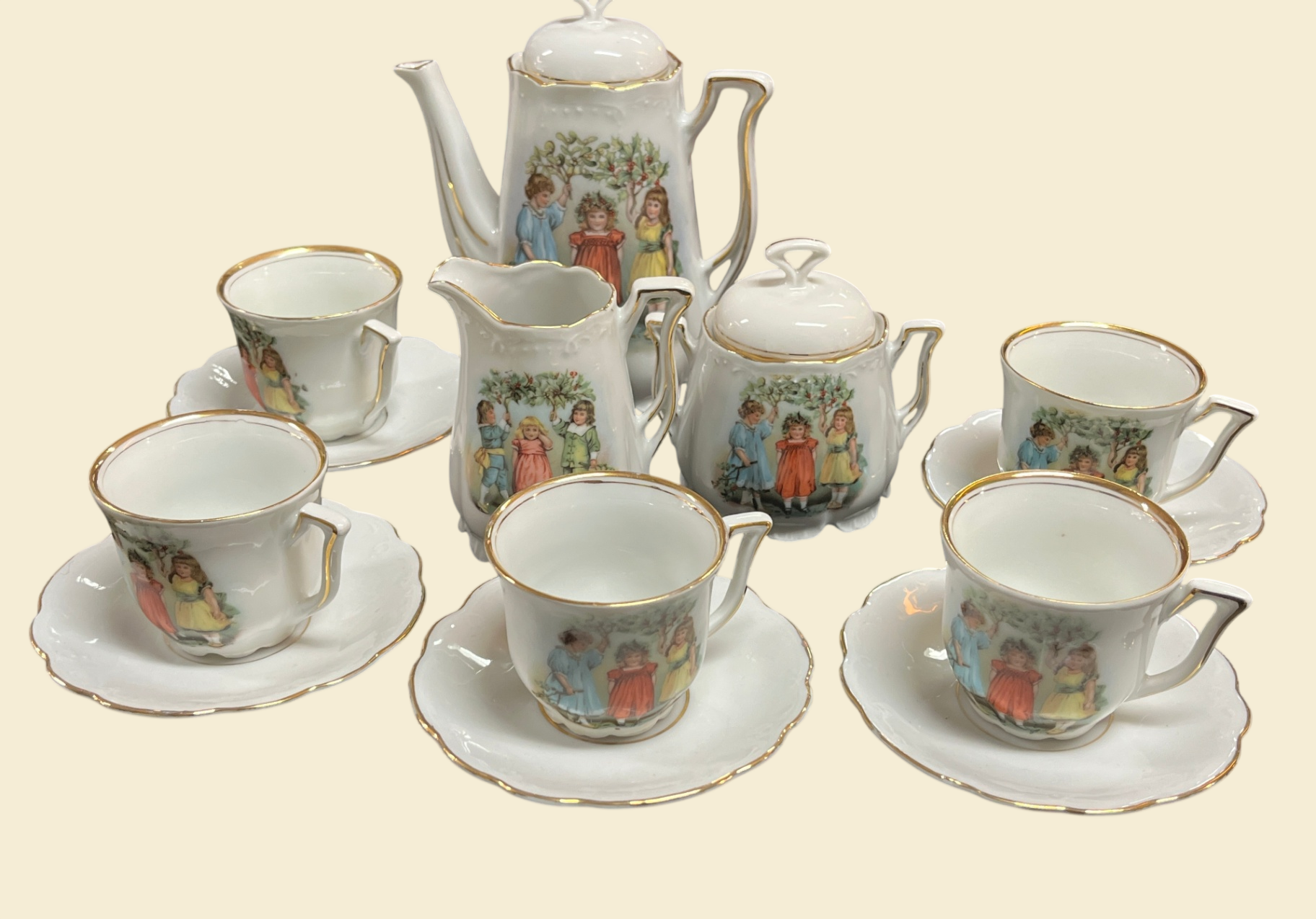 Puppenservice Porzellan Kindermotiv Goldrand 13-tlg Kaffee Set