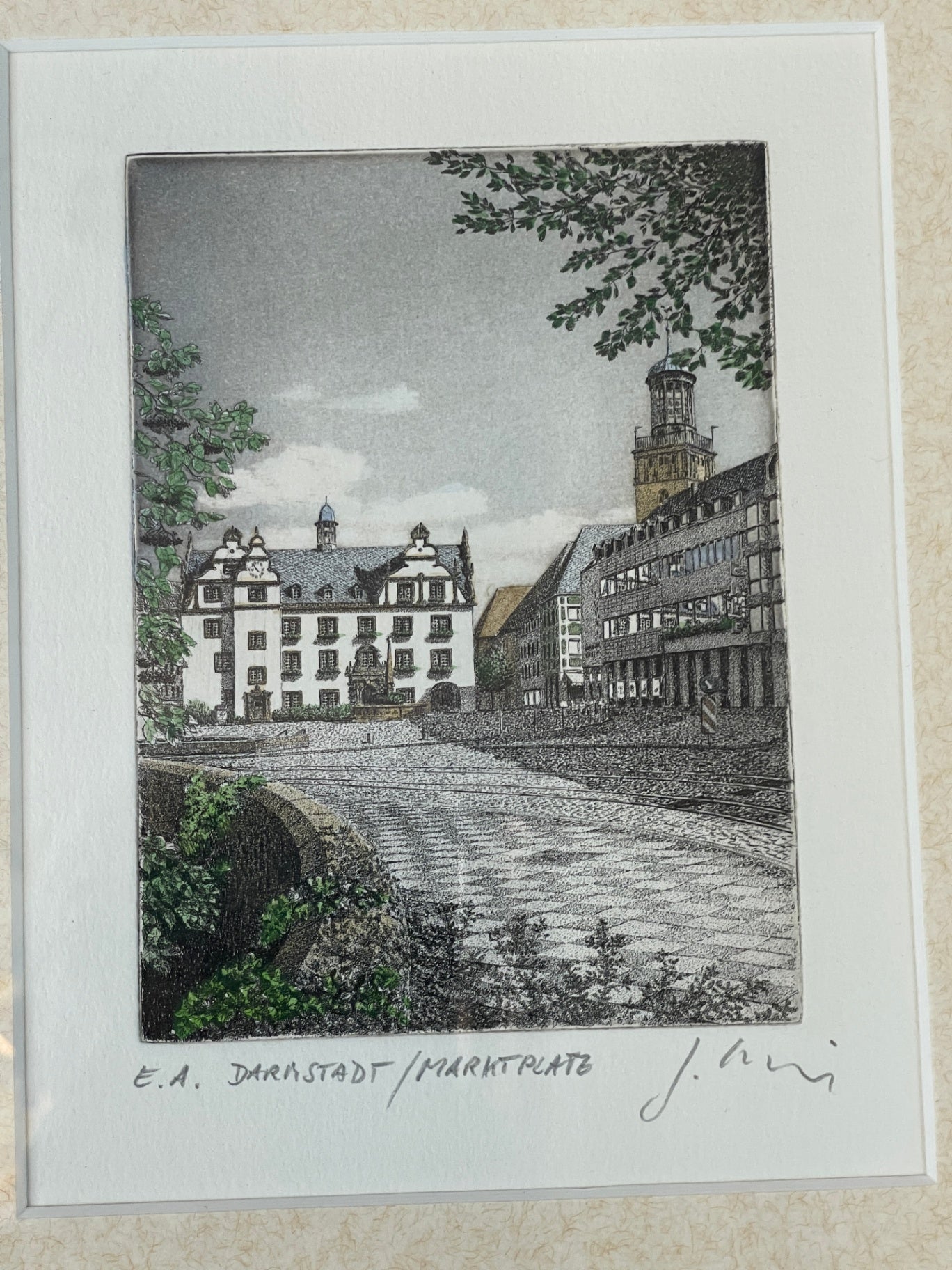 3 signierte Farbradierungen „Darmstadt“ – Marktplatz, Mathildenhöhe & Luisenplatz