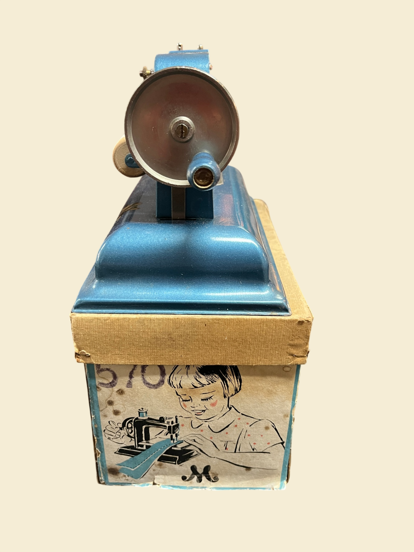 Kinder-Nähmaschine Berlin US-Zone Blech blau mit altem Karton