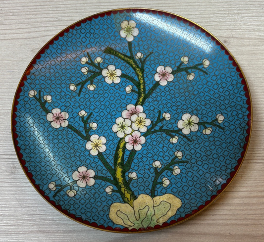 Wandteller Cloisonné Stil Blütenzweig türkis Vintage