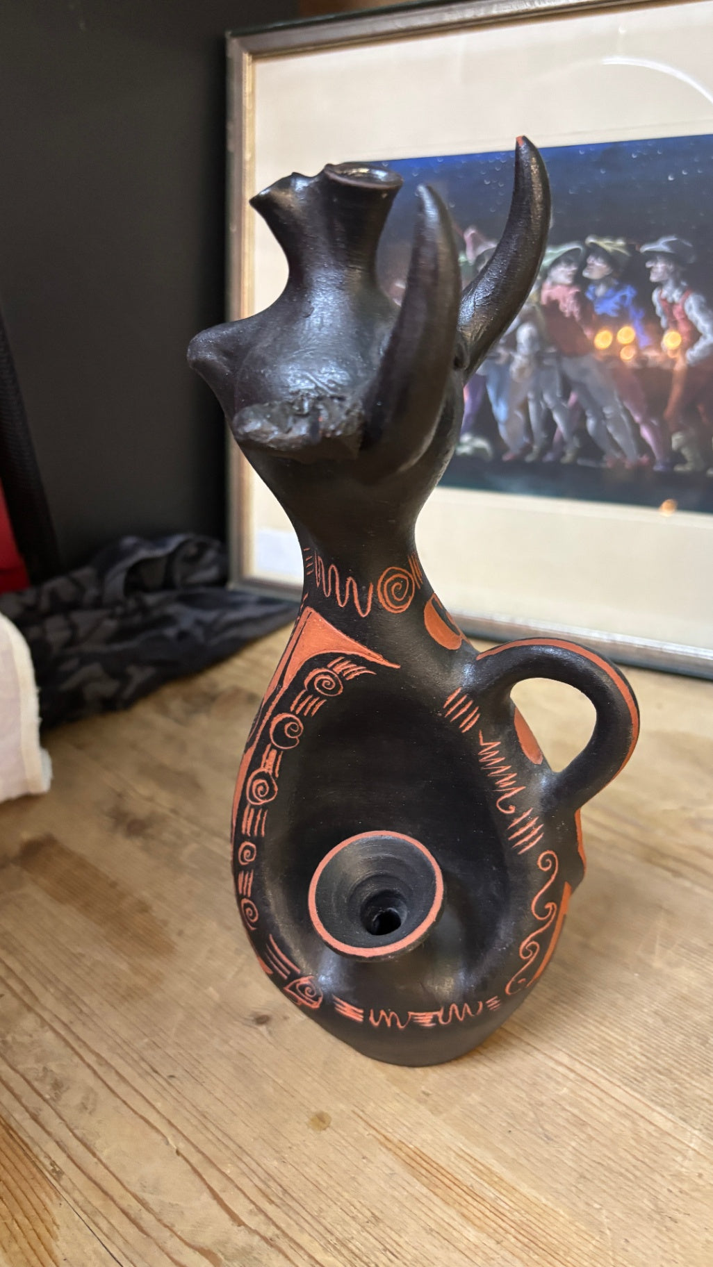 Figürliches Keramikgefäß Tierform schwarz-orange 25 cm Vase Kanne