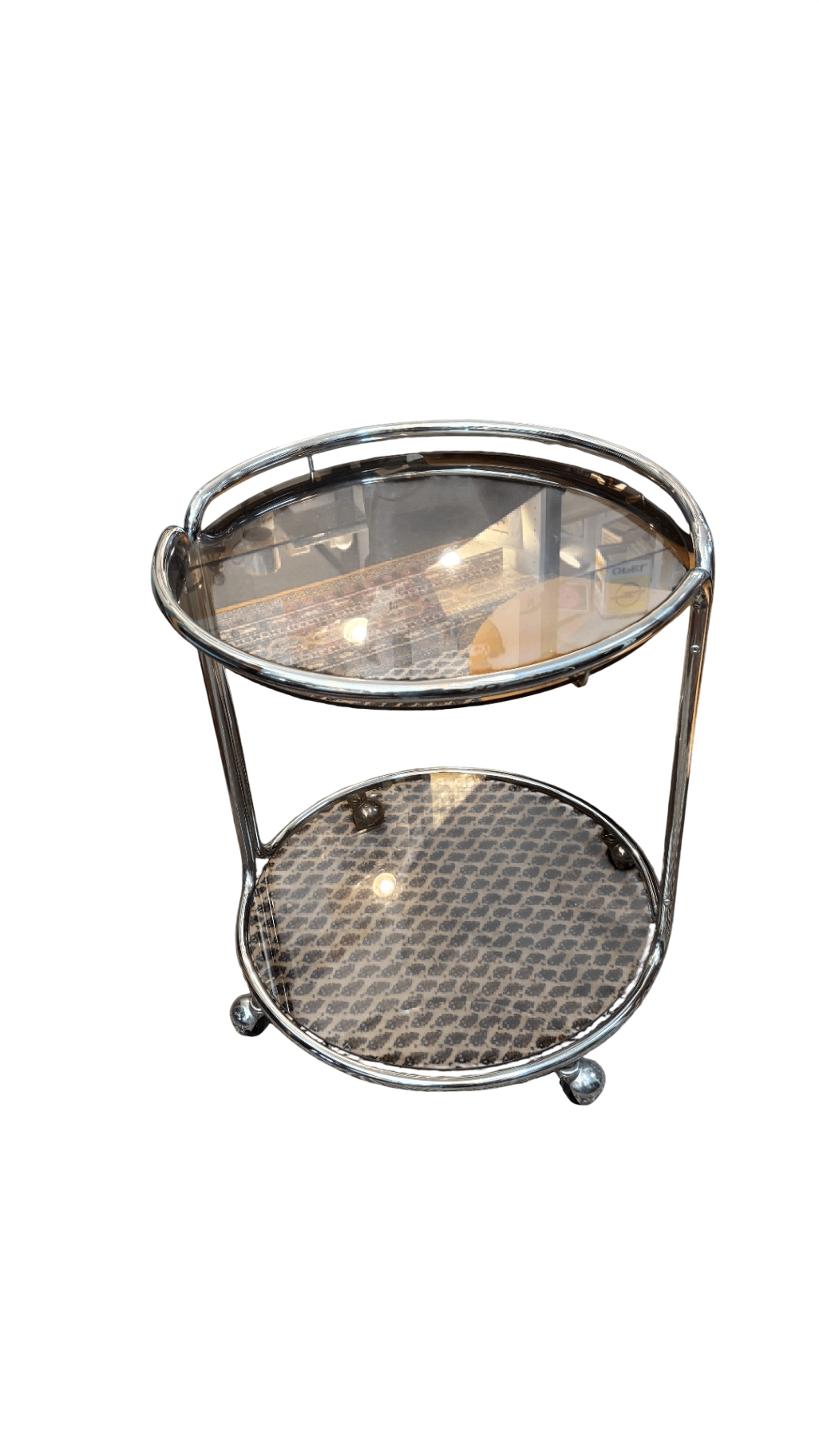 Vintage Servierwagen Barwagen Chrom Rauchglas rund Ø 54 cm auf Rollen