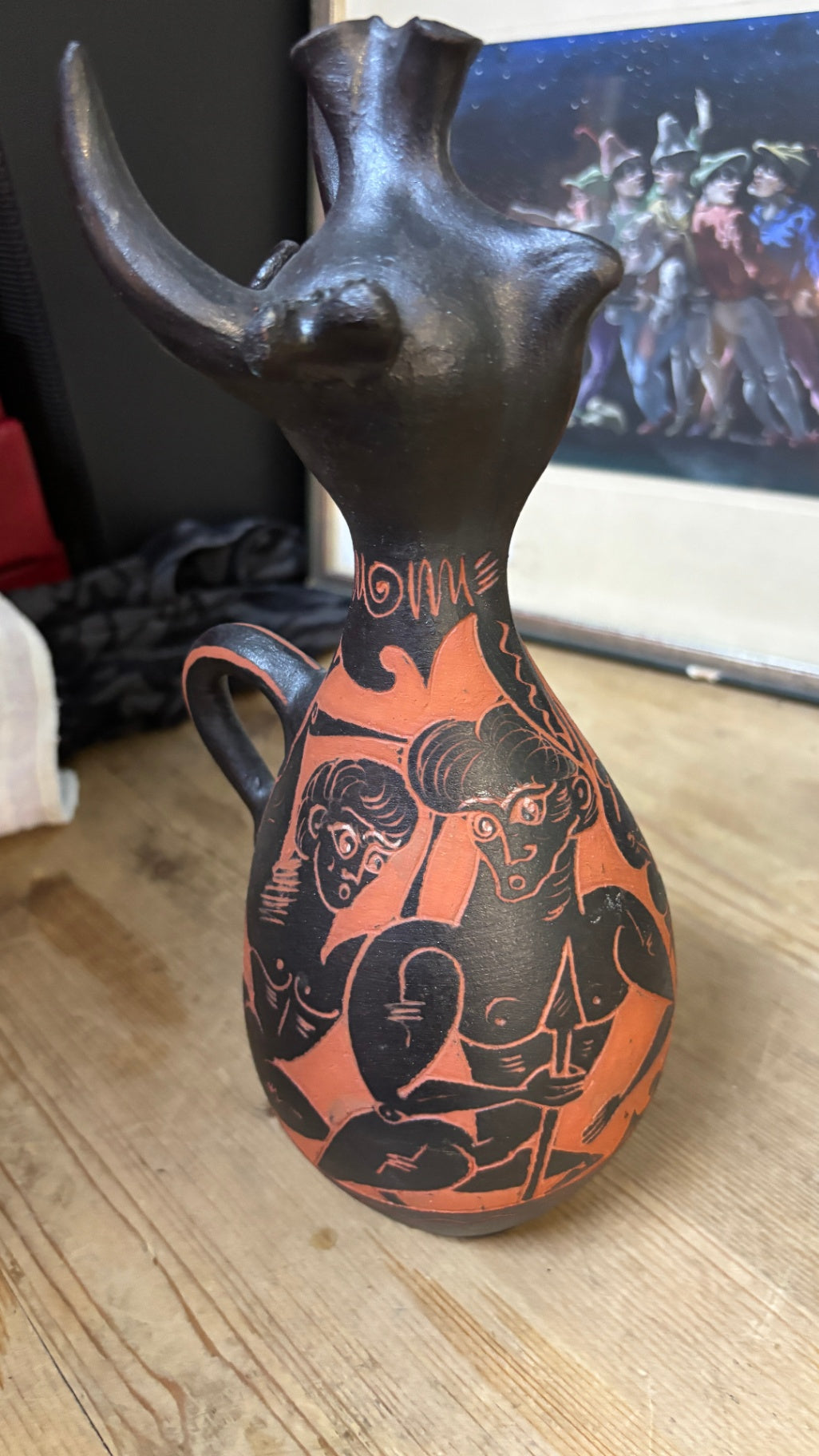 Figürliches Keramikgefäß Tierform schwarz-orange 25 cm Vase Kanne