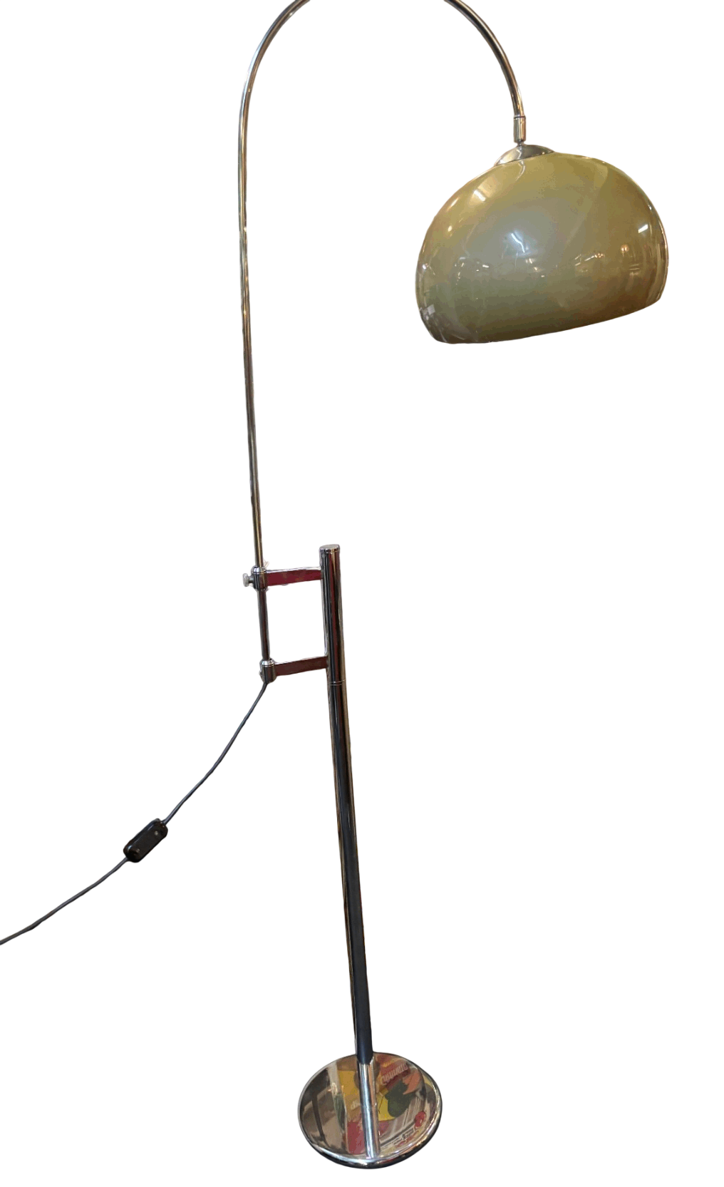 Vintage Bogenstehlampe Chrom olivbrauner Kunststoffschirm 175 cm
