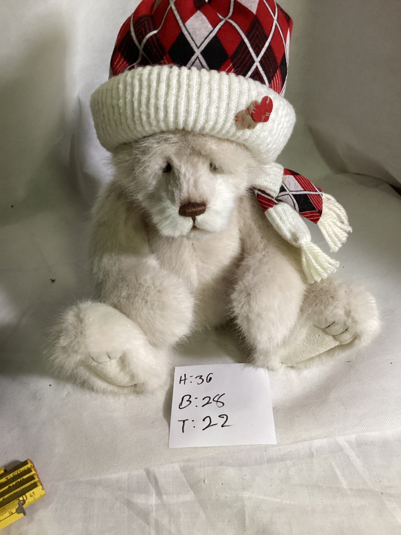 Weißer Teddybär mit Mütze und Schal
