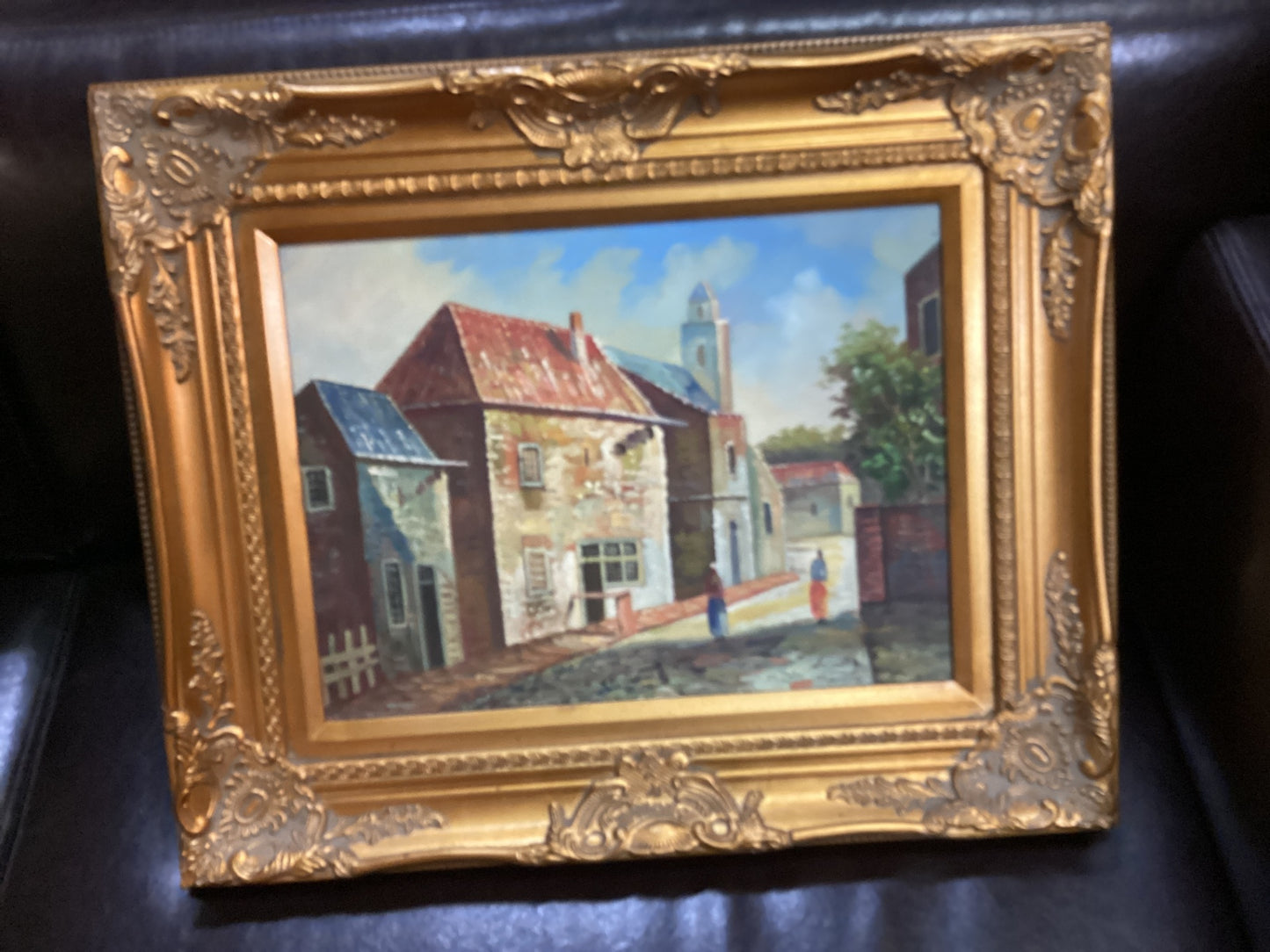 Ölgemälde auf Leinwand – historische Straßenszene – signiert – Prunkrahmen