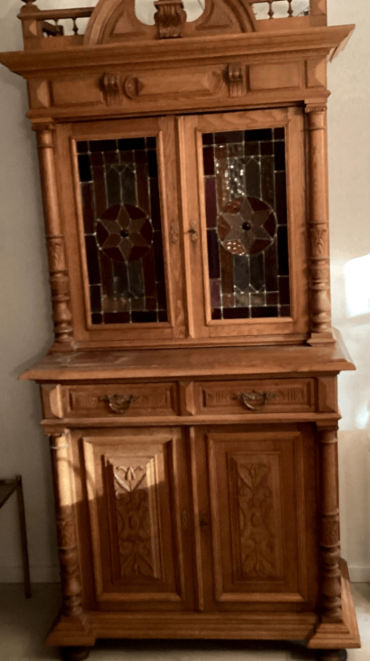 Große Weichholz-Vitrine mit Bleiverglasung – Gründerzeit um 1900