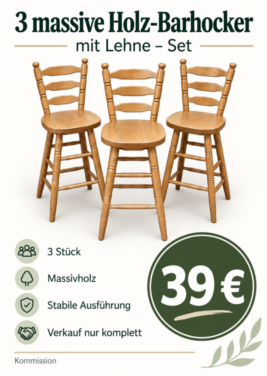 3 massive Holz-Barhocker mit Lehne – Set  Beschreibung: