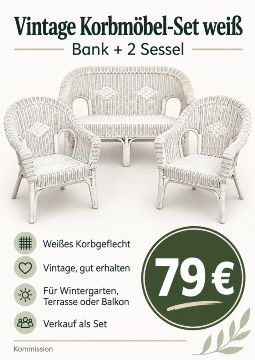 Weißes Korbgeflecht – Bank + 2 Sessel