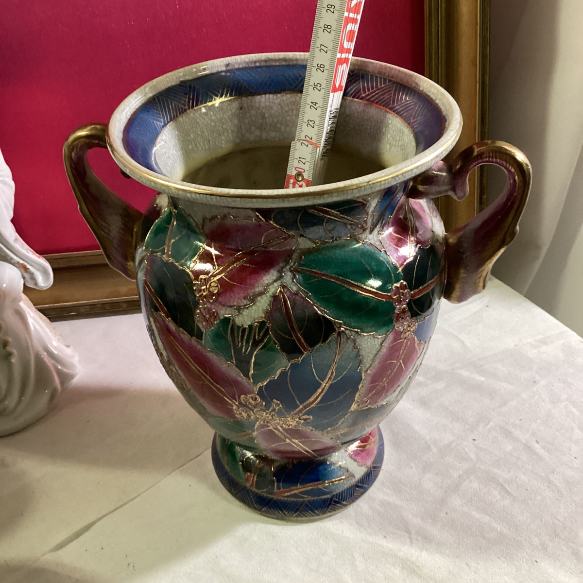 Große Vintage Keramik Vase Übertopf Satsuma-Stil Craquelé Golddekor ca. 26 cm