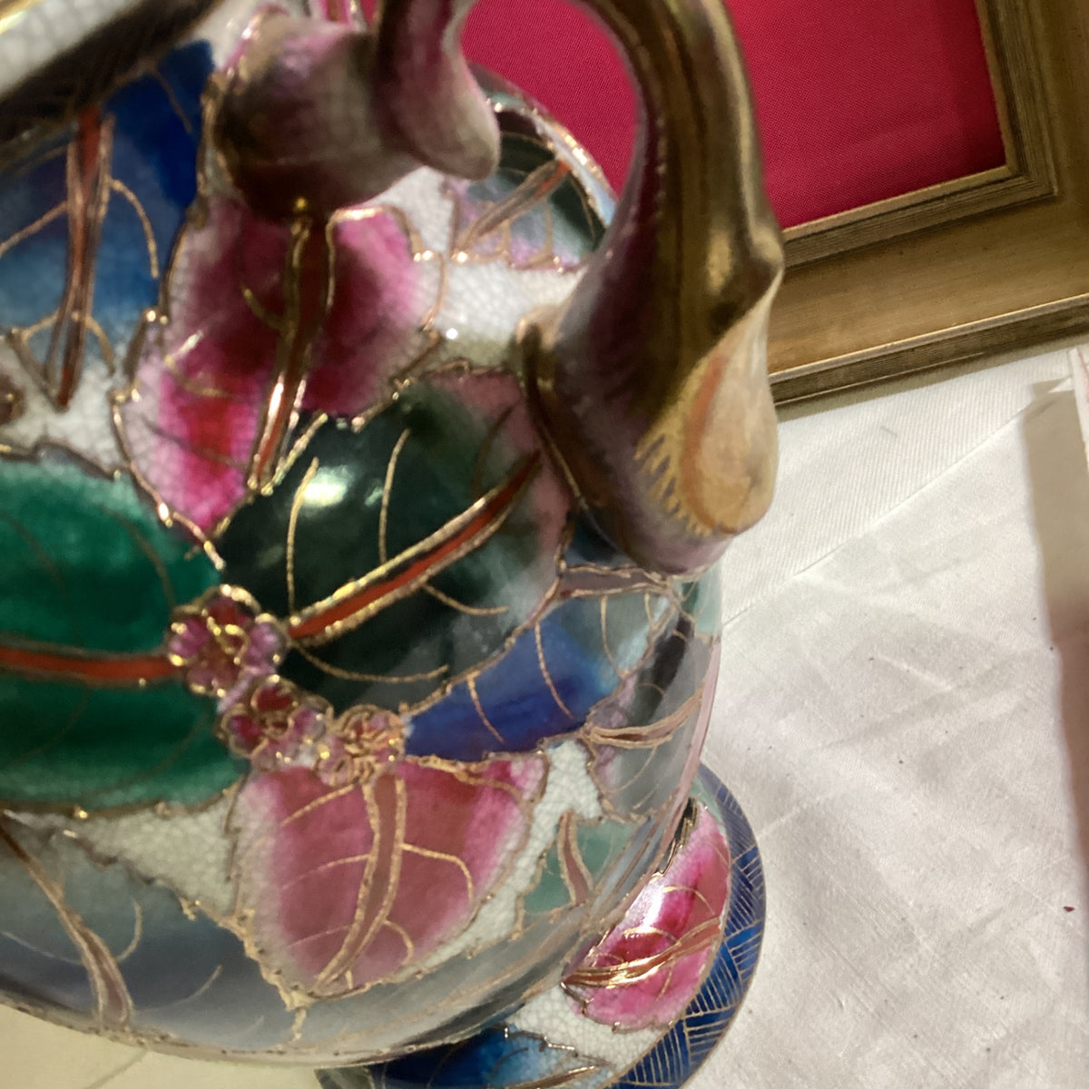 Große Vintage Keramik Vase Übertopf Satsuma-Stil Craquelé Golddekor ca. 26 cm