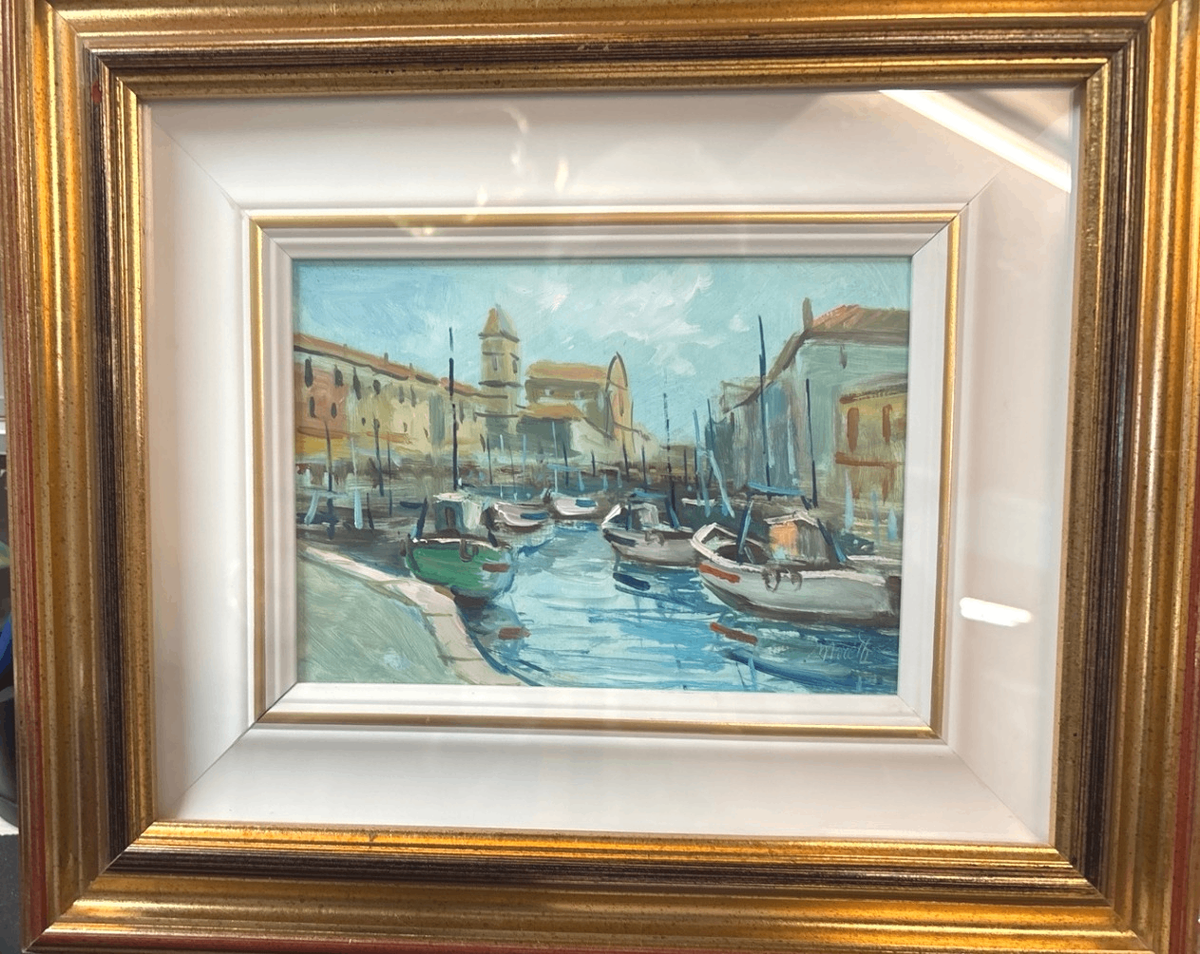 Gemälde Hafen mit Booten, signiert, im goldfarbenen Holzrahmen 35 x 30 cm