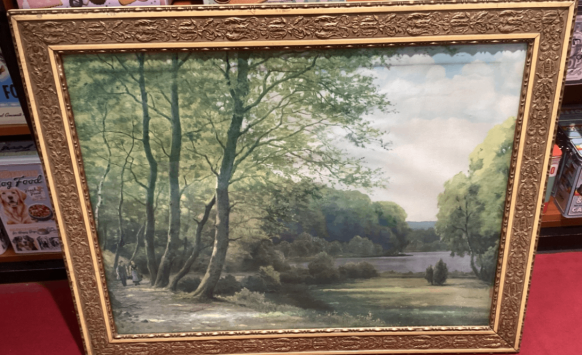 Ölgemälde Landschaft mit See, hinter Glas, goldfarbener Rahmen, 90 x 70 cm