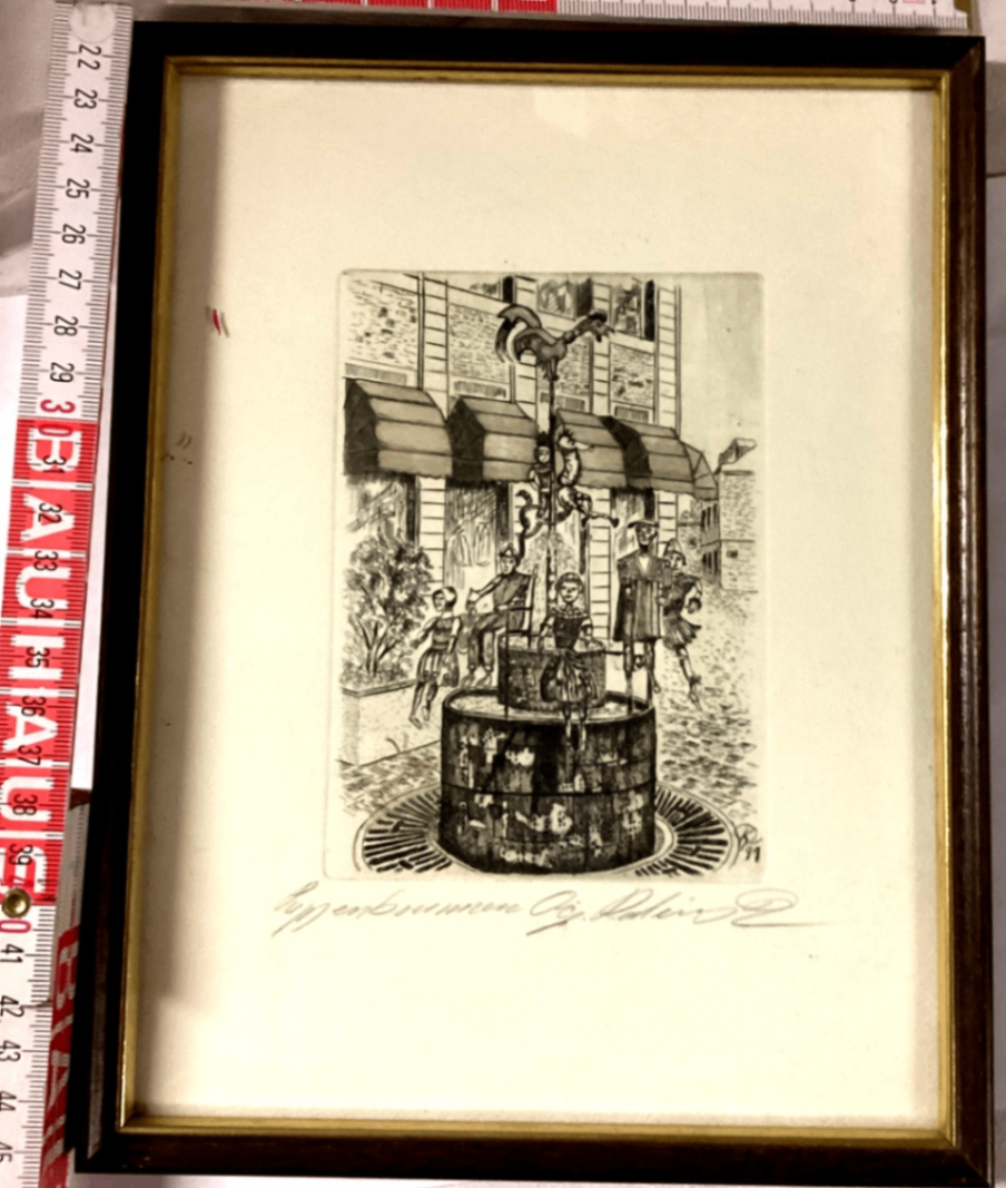 Köln Heinzelmännchenbrunnen Radierung signiert gerahmt ca. 25 x 19 cm
