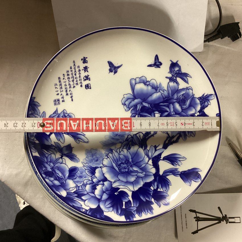 Chinesisch gestalteter Porzellan-Zierteller blau weiß mit Blumen und Schmetterlingen
