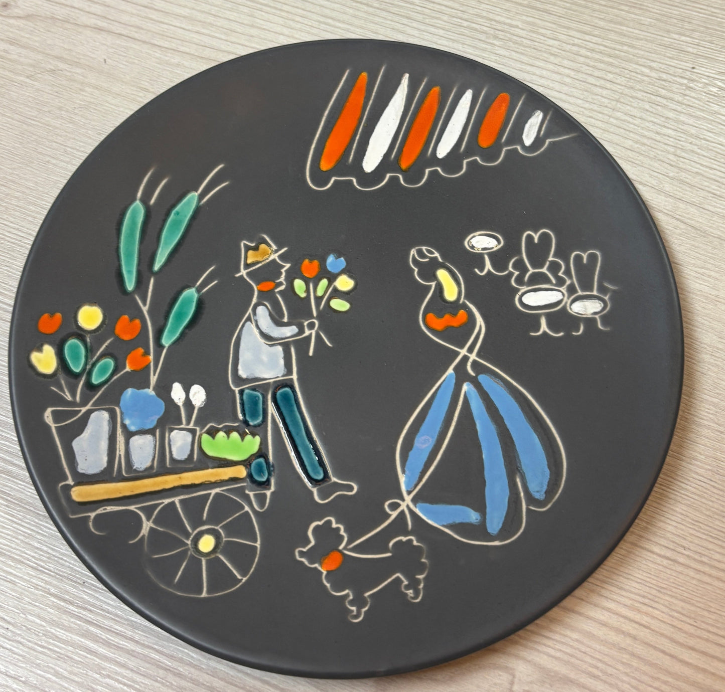 Ruscha Wandteller Blumenverkäufer mit Pudel Keramik 23 cm